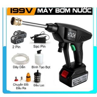 Máy xịt rửa xe máy ô tô cao áp có áp lực cao tạo bọt tuyết HITACHI 199V cầm tay PIN SẠC CỰC MẠNH dùng gia đình giá rẻ