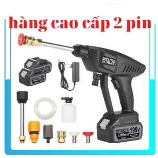 Máy xịt rửa xe máy ô tô cao áp có áp lực cao tạo bọt tuyết HITACHI 199V cầm tay PIN SẠC CỰC MẠNH dùng gia đình giá rẻ