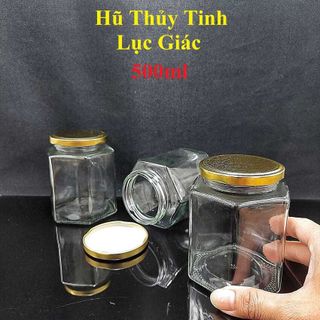 Hũ Thủy Tinh Đựng Gia Vị 500ML mẫu Lục Giác nắp thiếc vàng – Hũ Đựng Gia Vị Thủy Tinh 500ml - Lọ Thủy Tinh 500ML đựng gia vị, mật ong, yến chưng, dầu dừa, sữa chua, đóng hũ thực phẩm giá sỉ