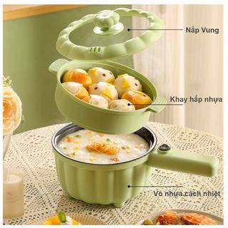 Nồi điện mini đa năng 2 tầng, dung tích 2L, tự động ngắt , nồi lẩu, hấp, chiên, xào bảo hành 12 tháng
