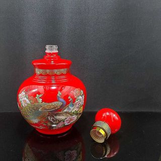 Bình Đựng Rượu Thủy Tinh 1500ml cao cấp mẫu bầu tròn màu sơn đỏ may mắn, hoa văn công phụng – Chai Đựng Rượu Thủy Tinh – Vỏ Chai Rượu Đẹp chưng bàn ăn sang trọng (H1)