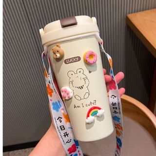 Bình Nước Giữ Nhiệt Lõi Inox 500ML Tặng Sticker Dán Kèm Dây Đeo Khóa An Toàn Tiện Lợi, Bình Nước Cute Giữ Nhiệt Đi Học