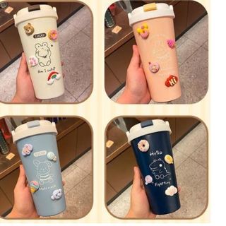 Bình Nước Giữ Nhiệt Lõi Inox 500ML Tặng Sticker Dán Kèm Dây Đeo Khóa An Toàn Tiện Lợi, Bình Nước Cute Giữ Nhiệt Đi Học