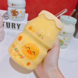 Cốc sứ tặng kèm ống hút có nắp đậy in hình dễ thương 400ml