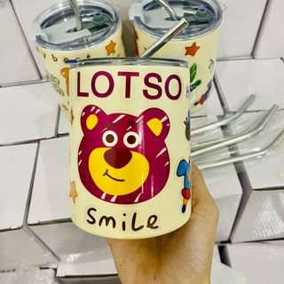 Ly Nước Giữ Nhiệt Stiker Dán Gấu Dâu, Gấu Pooh, Ba Mắt 300ml