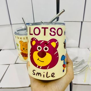Ly Nước Giữ Nhiệt Stiker Dán Gấu Dâu, Gấu Pooh, Ba Mắt 300ml