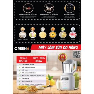 Máy làm sữa hạt Creen BA-138, chương trình tự động, bảo hành chính hãng 12 tháng
