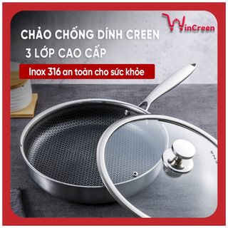 Chảo Inox 316 chống dính nắp kính Creen công nghệ Nano tổ ong kim cương size đường kính 28-30cm