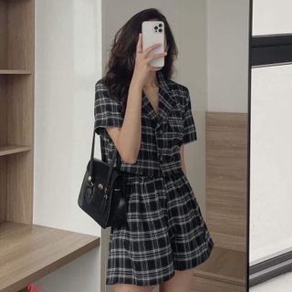 SET BỘ NỮ, ÁO CROPTOP VEST CARO PHỐI QUẦN NGẮN ĐÙI CARO