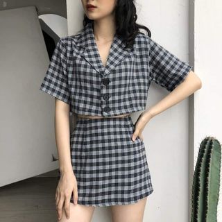 SET BỘ NỮ, ÁO CROPTOP VEST CARO PHỐI QUẦN NGẮN ĐÙI CARO