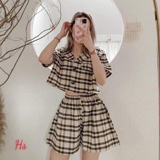 SET BỘ NỮ, ÁO CROPTOP VEST CARO PHỐI QUẦN NGẮN ĐÙI CARO