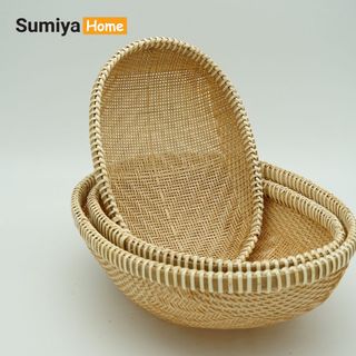 Rổ tre viền mây đan thưa cao cấp hình bầu dục, nguyên liệu tự nhiên thân thiện môi trường, dùng trang trí, để thức ăn