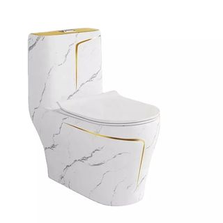 Bồn cầu 1 khối màu trắng hoa văn viền vàng sườn xám lực xả mạnh, phong cách đơn giản nhưng sang trọng