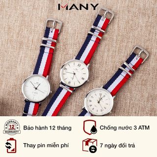 Đồng hồ cặp nam nữ dây dù sọc màu - Đồng hồ đôi đeo tay mặt kính tròn MANY