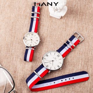 Đồng hồ cặp nam nữ dây dù sọc màu - Đồng hồ đôi đeo tay mặt kính tròn MANY