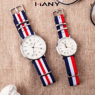 Đồng hồ cặp nam nữ dây dù sọc màu - Đồng hồ đôi đeo tay mặt kính tròn MANY