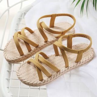 Dép Sandal nữ đế bằng quai chéo vải mềm êm chân đế giả cói