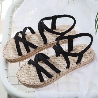 Dép Sandal nữ đế bằng quai chéo vải mềm êm chân đế giả cói