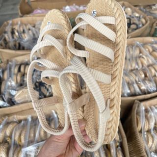 Dép Sandal nữ đế bằng quai chéo vải mềm êm chân đế giả cói