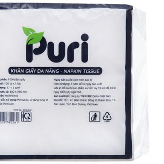 (100% BỘT GIẤY ) Khăn giấy ăn ĐA NĂNG cao cấp PURI 100 tờ 1 lớp 330x330mm