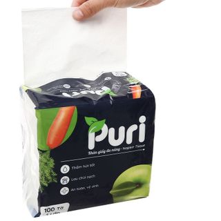(100% BỘT GIẤY ) Khăn giấy ăn ĐA NĂNG cao cấp PURI 100 tờ 1 lớp 330x330mm