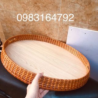 Mâm gỗ đựng bát đĩa - Mâm gỗ đựng bộ bát đĩa hoa mặt trời 45cm