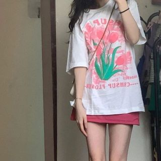 Áo Thun Tay Lỡ Dáng Rộng In Hình Hoa Tulip Kiểu Hàn Quốc Thời Trang Mùa Hè Cho Nữ