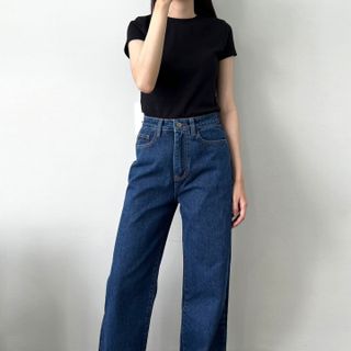 Quần Jeans Nữ Lưng Cao Ống Suông Rộng Màu Xanh Đậm L-03 giá sỉ