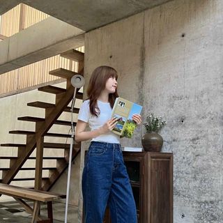 Quần Jeans Nữ Lưng Cao Ống Suông Rộng Màu Xanh Đậm L-03