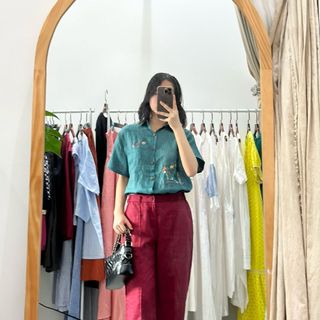 Áo smi tay ngắn thêu tay linen tưng pre