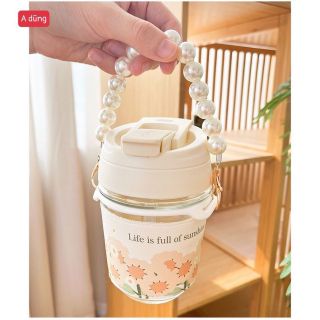 Bình Nước Thủy Tinh Có Ống Hút 400ml Có Bao Da Chống Bỏng,CÓ Nắp In Hoa giá sỉ