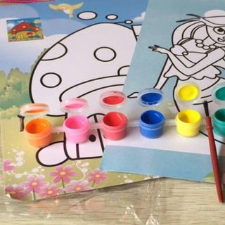 Bộ gồm 2 tranh tô màu nước 19x26 cm và 1 cây cọ và 6 màu nước