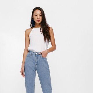Quần Mom Jeans Nữ Lưng Cao Dáng Baggy Màu Wash Xanh Nhạt M-02E