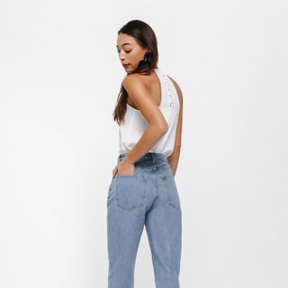 Quần Mom Jeans Nữ Lưng Cao Dáng Baggy Màu Wash Xanh Nhạt M-02E