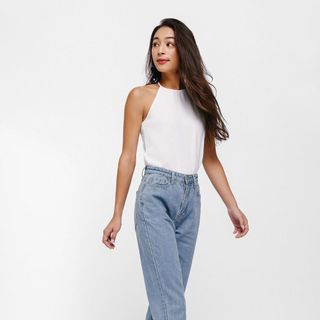 Quần Mom Jeans Nữ Lưng Cao Dáng Baggy Màu Wash Xanh Nhạt M-02E