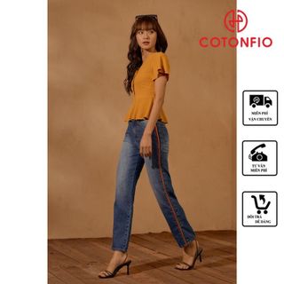 Quần Jean Ống Suông Quần Ống Rộng Nữ Lưng Cao COTONFIO PHW16 Quần 9 tấc có thiết kế đường bo sọc co giãn cá tính