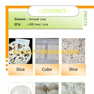 DỪA ĐÔNG LẠNH, NƯỚC CỐT DỪA ĐÔNG LẠNH, CƠM DỪA ĐÔNG LẠNH, DỪA XẮT HẠT LƯU ĐÔNG LẠNH, IQF COCONUT, FROZEN COCONUT DICE / GRATED/ CHUNK/ STRIPS/ ... TO EXPORT FROM AN VAN THINH FOOD COMPANY