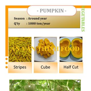 BÍ ĐỎ ĐÔNG LẠNH, BÍ ĐỎ CẮT LÁT, BÍ ĐỎ CẮT DICE ĐÔNG LẠNH, IQF PUMPKIN, FROZEN PUMPKIN CUT / DICE / CHUNK / PUREE ... TO EXPORT FROM AN VAN THINH FOOD COMPANY