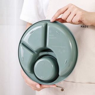 Khay ăn chia 3 ngăn kèm khay để cốc Inomata hình tròn mầu xanh, nhập khẩu từ Nhật Bản