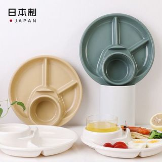 Khay ăn chia 3 ngăn kèm khay để cốc Inomata hình tròn mầu xanh, nhập khẩu từ Nhật Bản