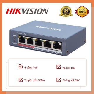 Switch Poe 4 Port Hikvision DS-3E1105P-EI (4 Port X 10/100 Mbps, Công Suất 65W, Cấp Nguồn Lên Đến 25