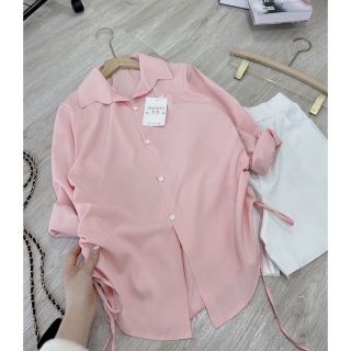 Set bộ áo sơ mi cài cúc rút dây hông kèm quân, Chất kate lạnh mát mẻ thoải mái khi mặc