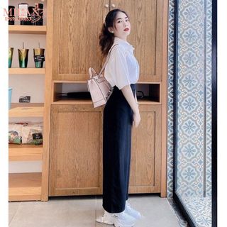 Quần tây ống rộng nữ khóa sườn hông công sở đi học làm lưng cao màu đen - Dáng dài ống suông rộng - Vải tuyết mưa dày mềm