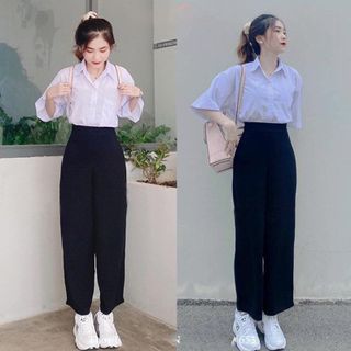 Quần tây ống rộng nữ khóa sườn hông công sở đi học làm lưng cao màu đen - Dáng dài ống suông rộng - Vải tuyết mưa dày mềm