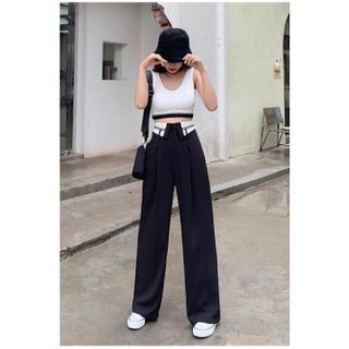 Quần Culottes Ống Rộng Lưng Cao Thời Trang Cạp Phối Trắng Viền Sọc Cổ Bẻ Dáng Dài Khuy Trước Phong Cách Hàn Quốc