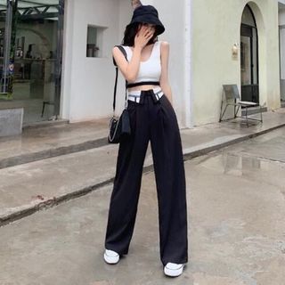 Quần Culottes Ống Rộng Lưng Cao Thời Trang Cạp Phối Trắng Viền Sọc Cổ Bẻ Dáng Dài Khuy Trước Phong Cách Hàn Quốc