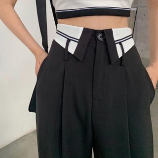 Quần Culottes Ống Rộng Lưng Cao Thời Trang Cạp Phối Trắng Viền Sọc Cổ Bẻ Dáng Dài Khuy Trước Phong Cách Hàn Quốc