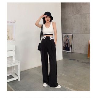 Quần Culottes Ống Rộng Lưng Cao Thời Trang Cạp Phối Trắng Viền Sọc Cổ Bẻ Dáng Dài Khuy Trước Phong Cách Hàn Quốc