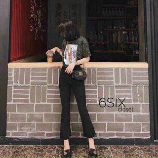 Quần bò giấy ống loe xẻ gấu trước cạp cao siêu tôn dáng