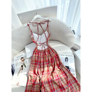 ĐẦM MAXI KẺ CARO 2 DÂY HỞ LƯNG CỘT DÂY